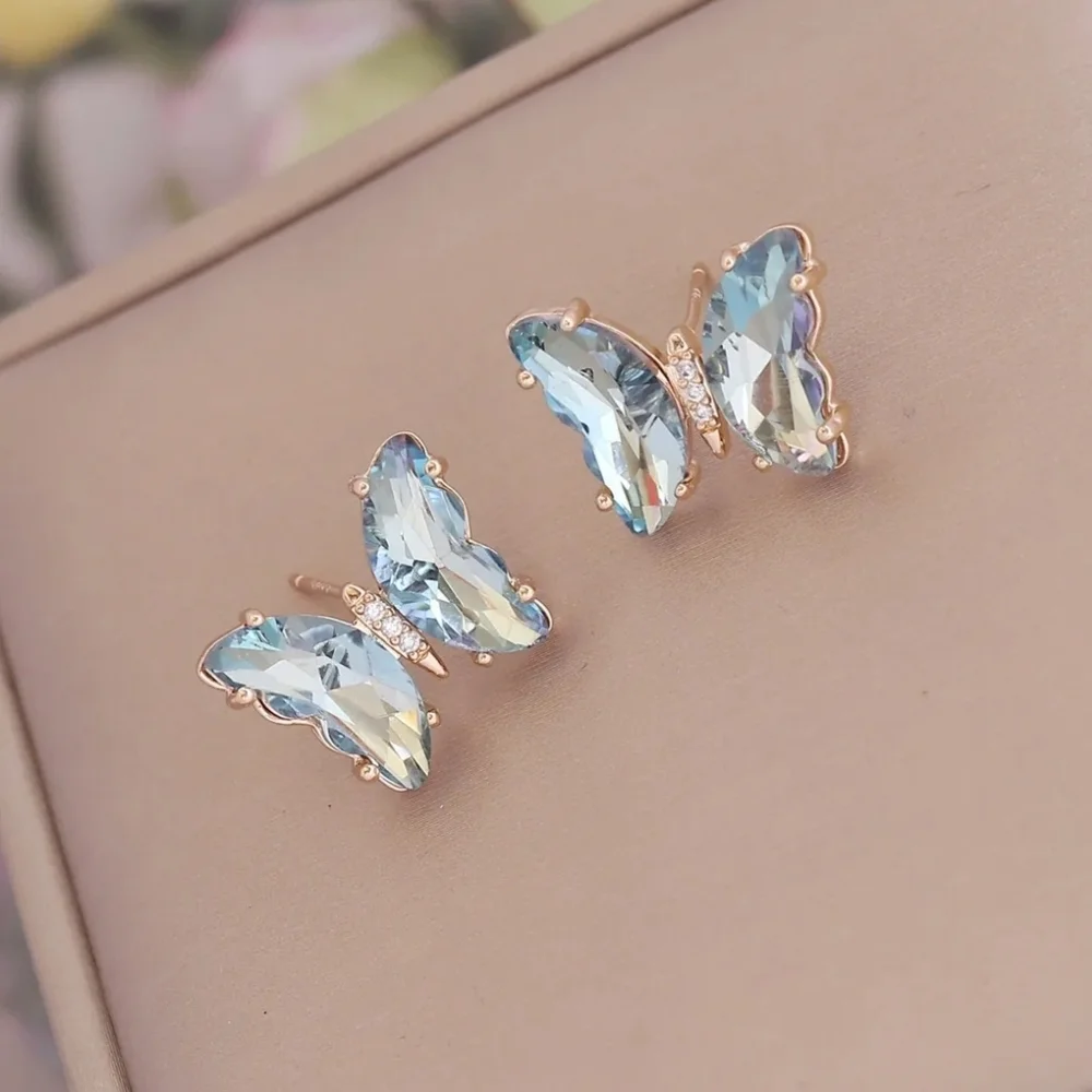 Pale Blue Butterfly Rhinestone Earrings
